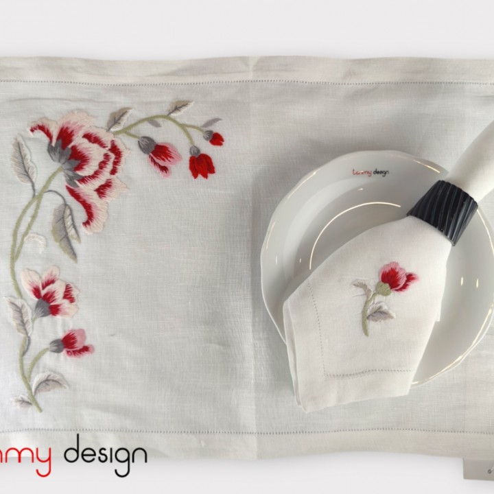 Bộ 01 khăn ăn và lót đĩa thêu hoa trà đỏ-TMD0300145